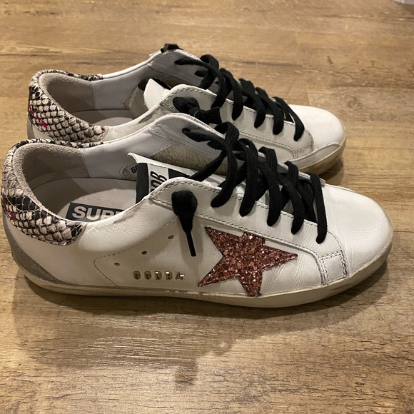 white glitter star snakeskin superstar sneakers